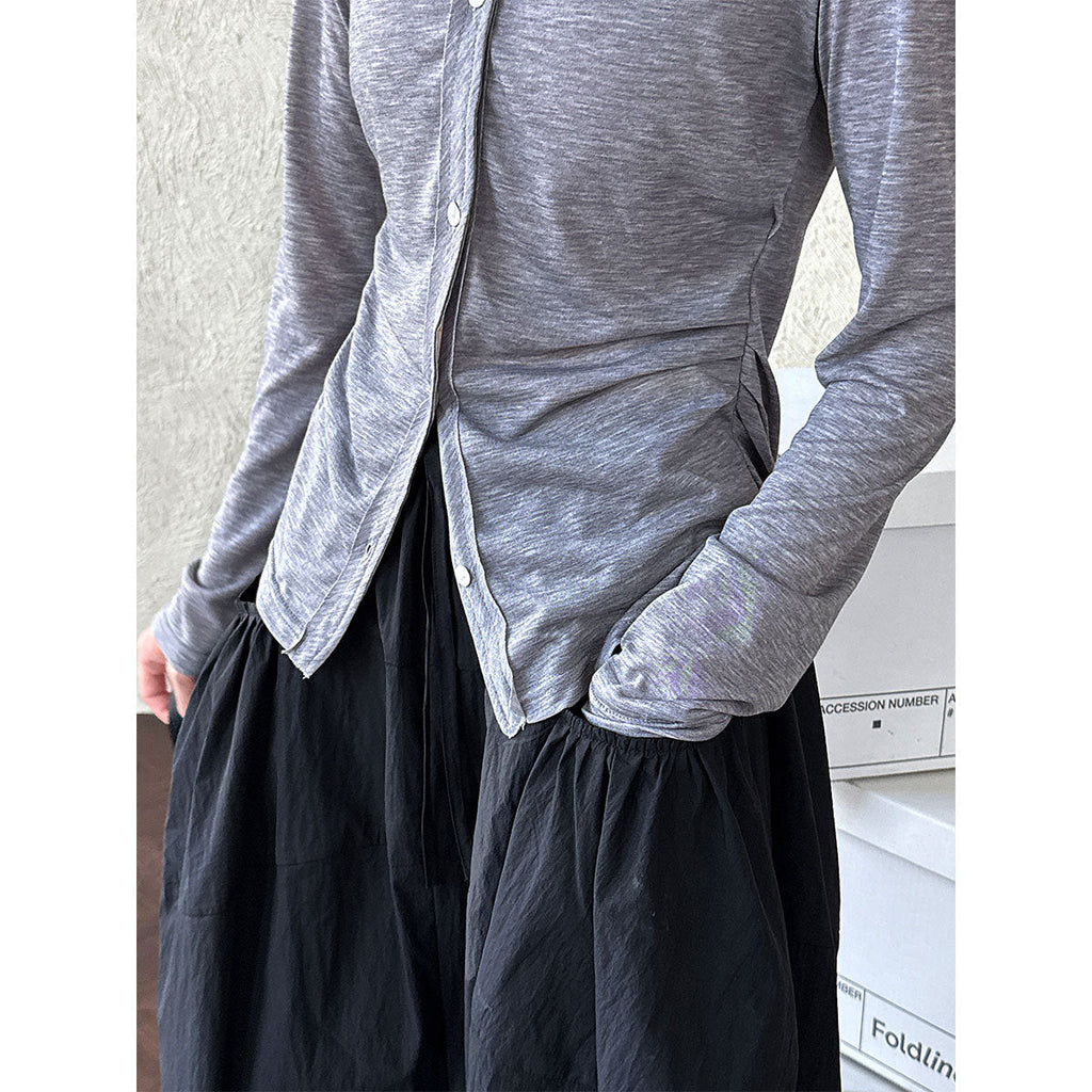 Pleated waist light long sleeve T-shirt women's summer new simple crew neck sunscreen cardigan top