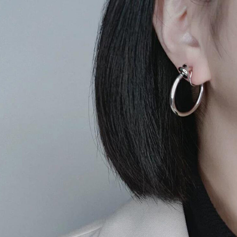 Cold wind knotted large circle without ear holes, mosquito coil disc, ear clips, silver needle, round earrings, Hong Kong style femininity niche earrings