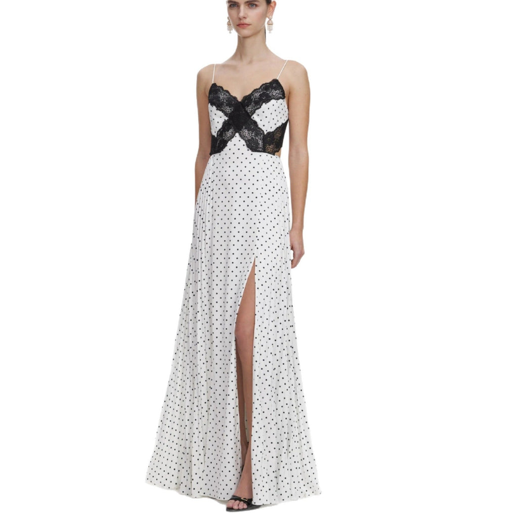 Lace splicing polka dot suspender split skirt French retro dress vacation style dress