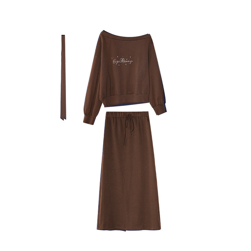 Casual Relaxed Temperament Two-piece Set Slant Neck Off-Shoulder Sweater Set