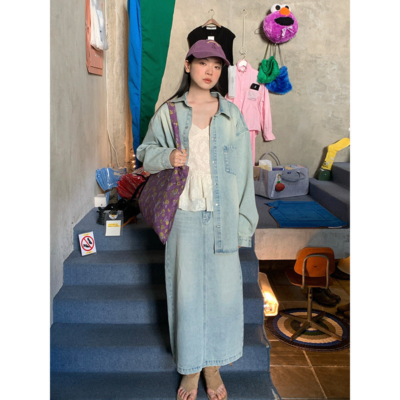 Women's High-Waist Washed Straight Denim Maxi Skirt