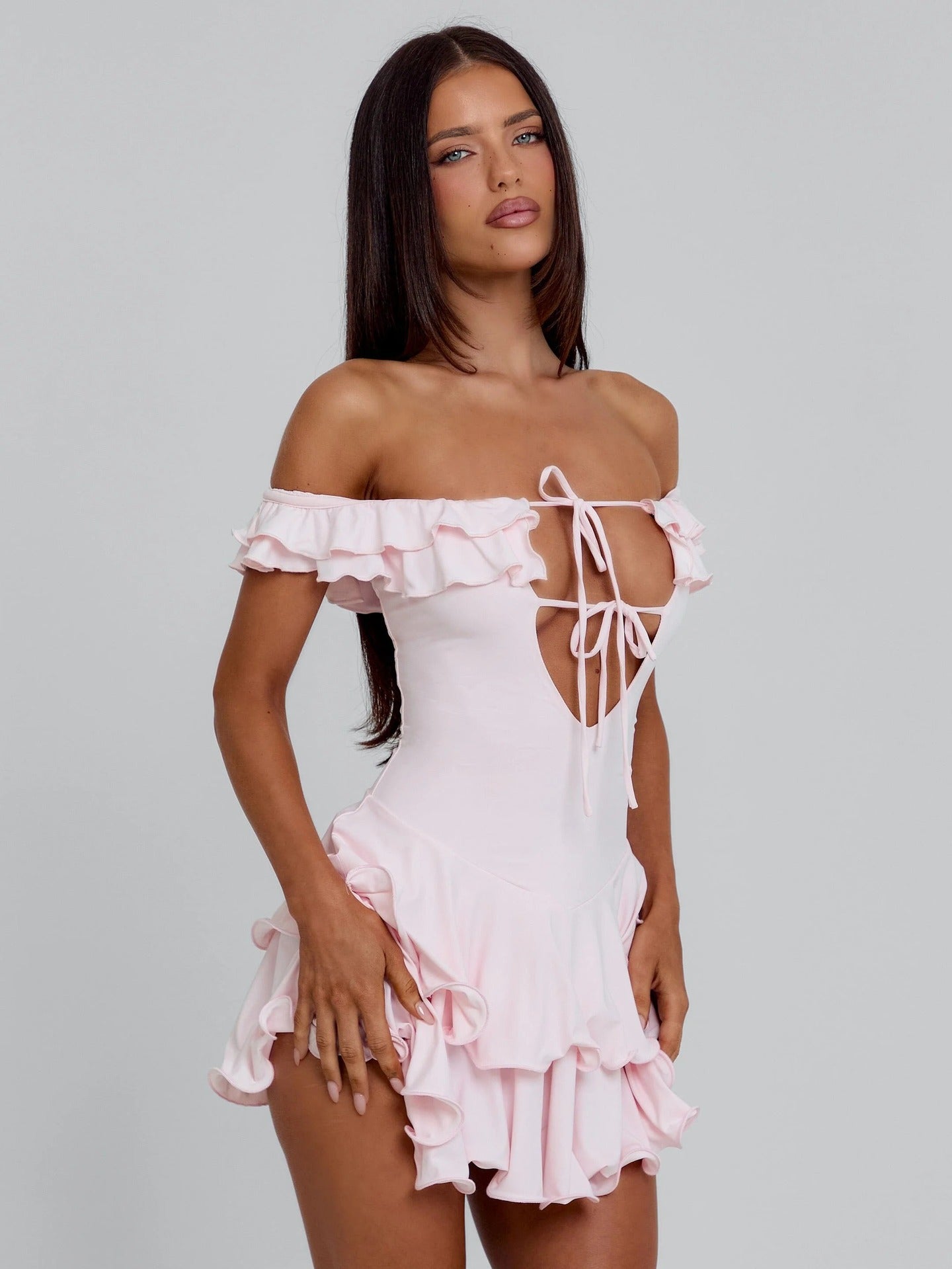 New French sexy pure desire style shoulder skirt slim fungus edge Spice Girl dress