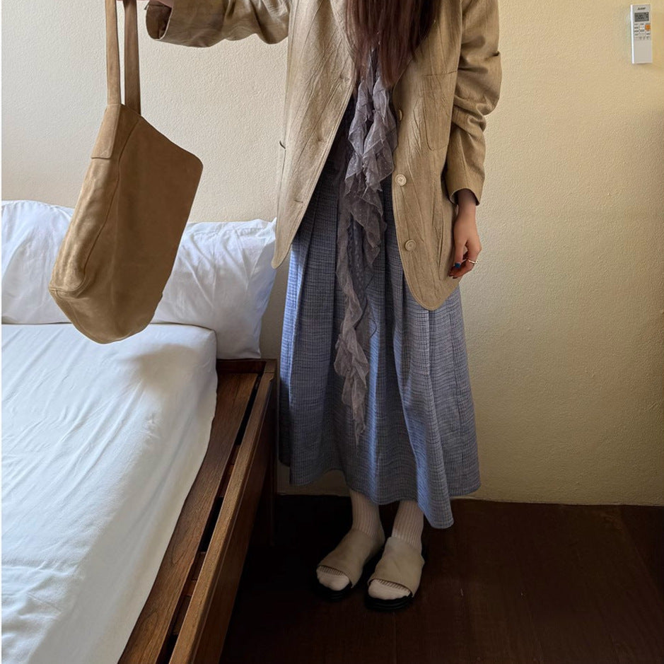Retro medium and long plaid skirt women's summer new versatile and thin French a word medium and long skirt tide