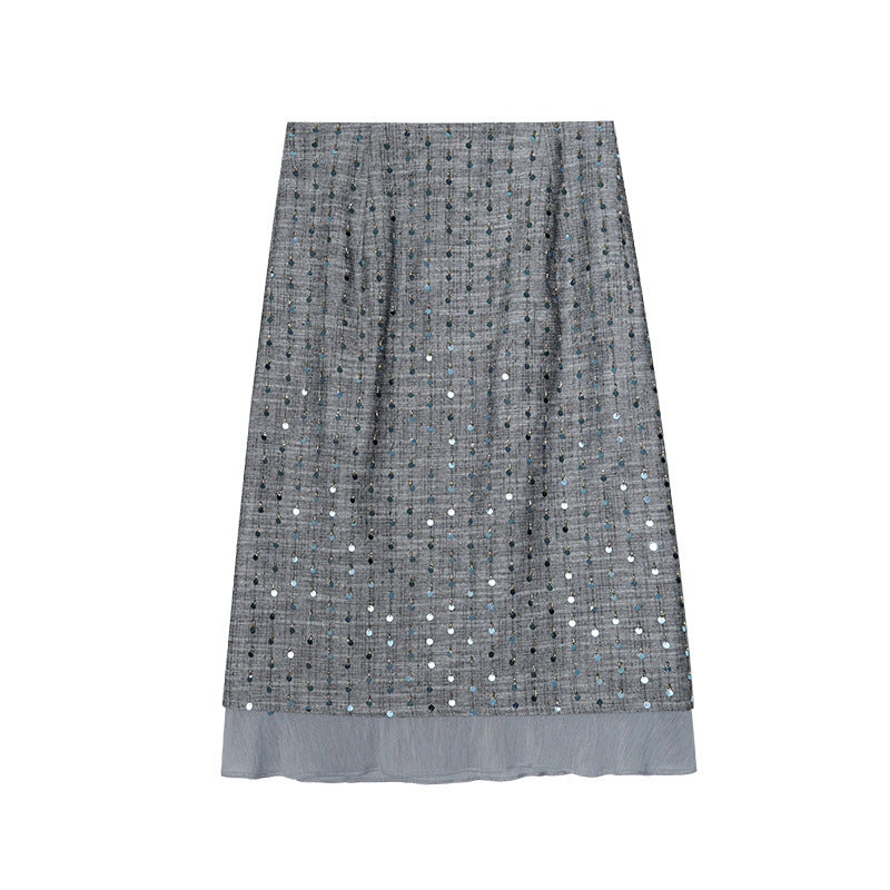 Early spring French temperament elegant fashion heavy industry sequined splicing skirt