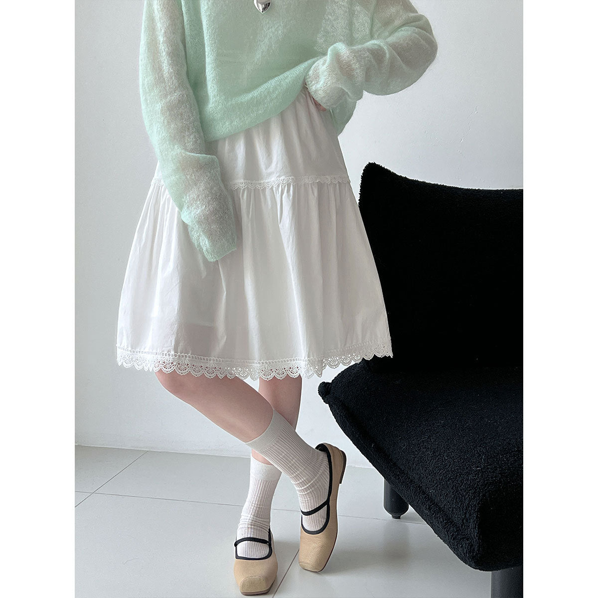 High waist A word thin Korean lace splicing skirt women's 26 early spring new gentle and versatile skirt