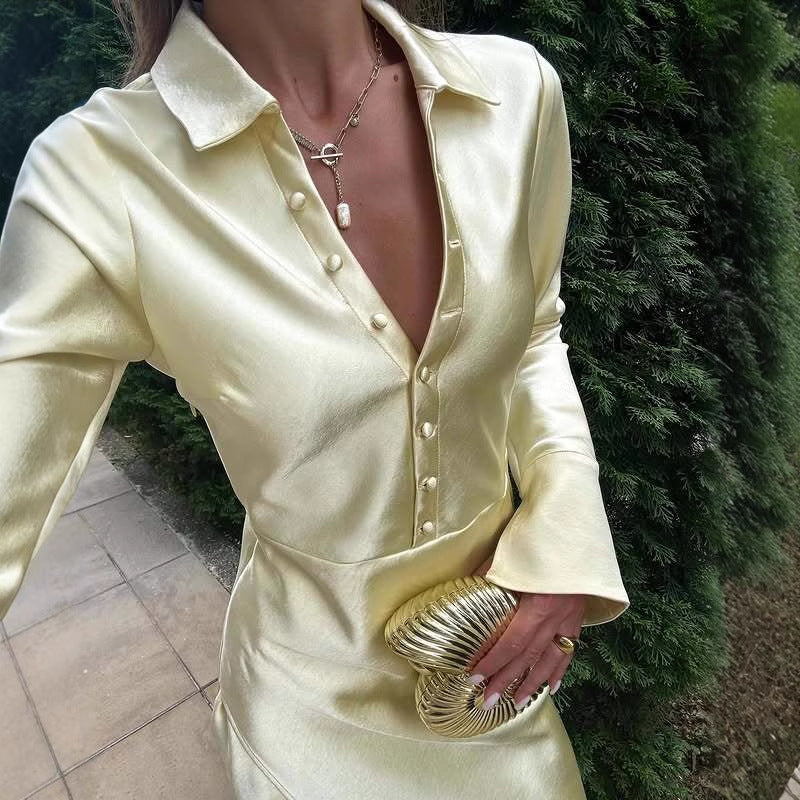 New Fashion Sexy Satin Dress Temperament Shirt Dress Spice Girl Split Dress Women