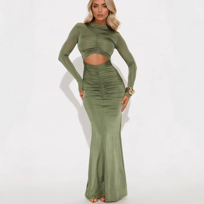Pleated Slim Crew Neck Dress