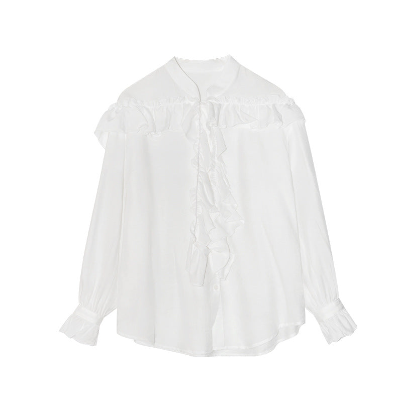 Early Spring French Sweet Age Reducing Lotus Edge Ribbon Neck Long Sleeve Shirt