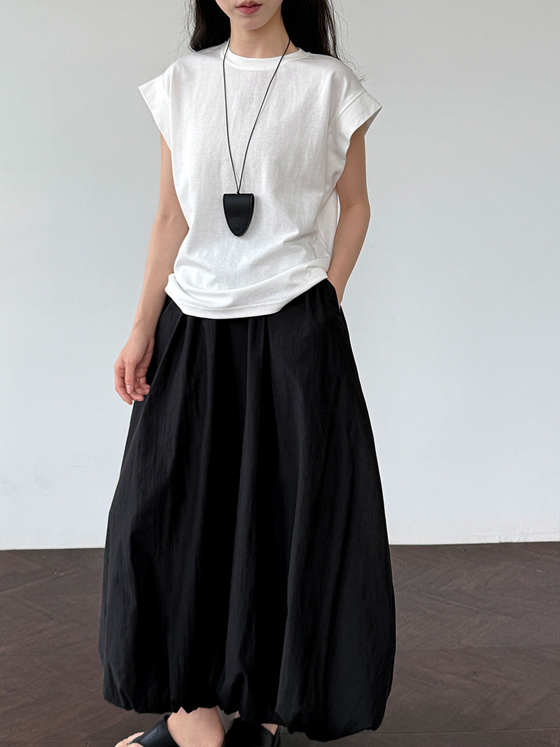 Three-dimensional Xiaofei sleeve wide shoulder meat covering versatile T-shirt women's summer new high-end slim short-sleeved top