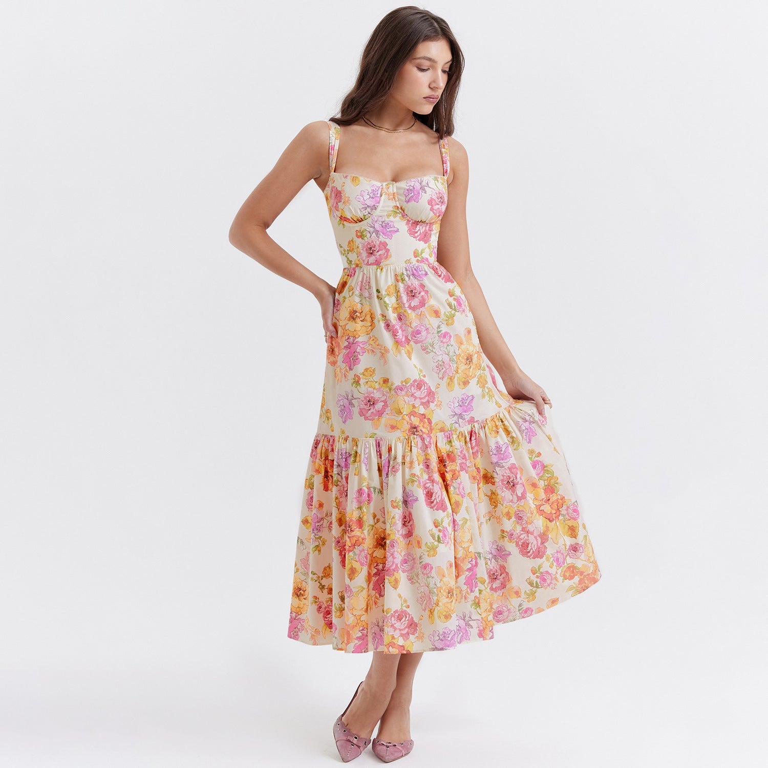 One-word shoulder pleated lace floral dress