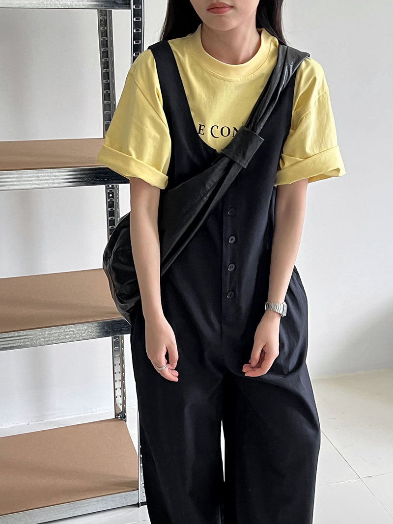 Korean version U-neck wide shoulder strap sleeveless jumpsuit stacked with large pockets casual pants, thin wide-leg trousers