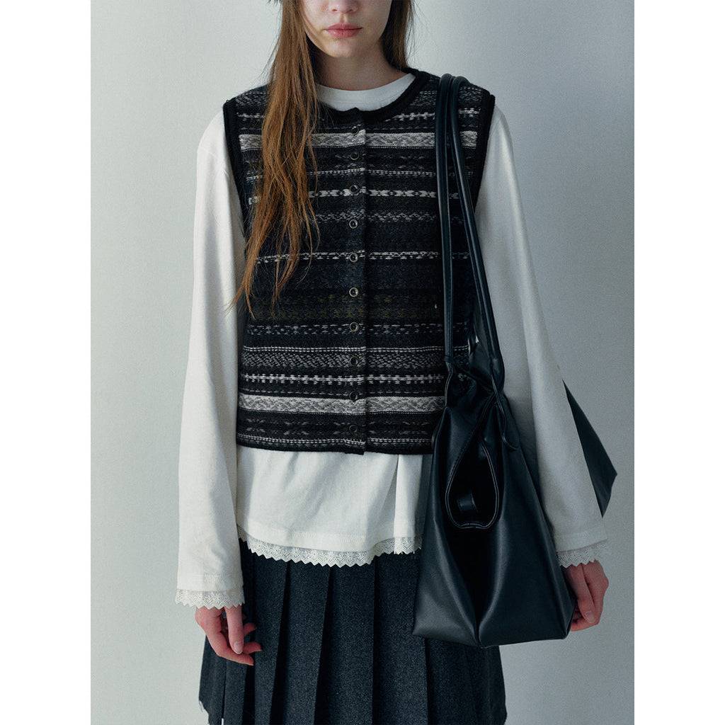 Winter new casual crew neck wool Fair Island floating thread jacquard cardigan vest