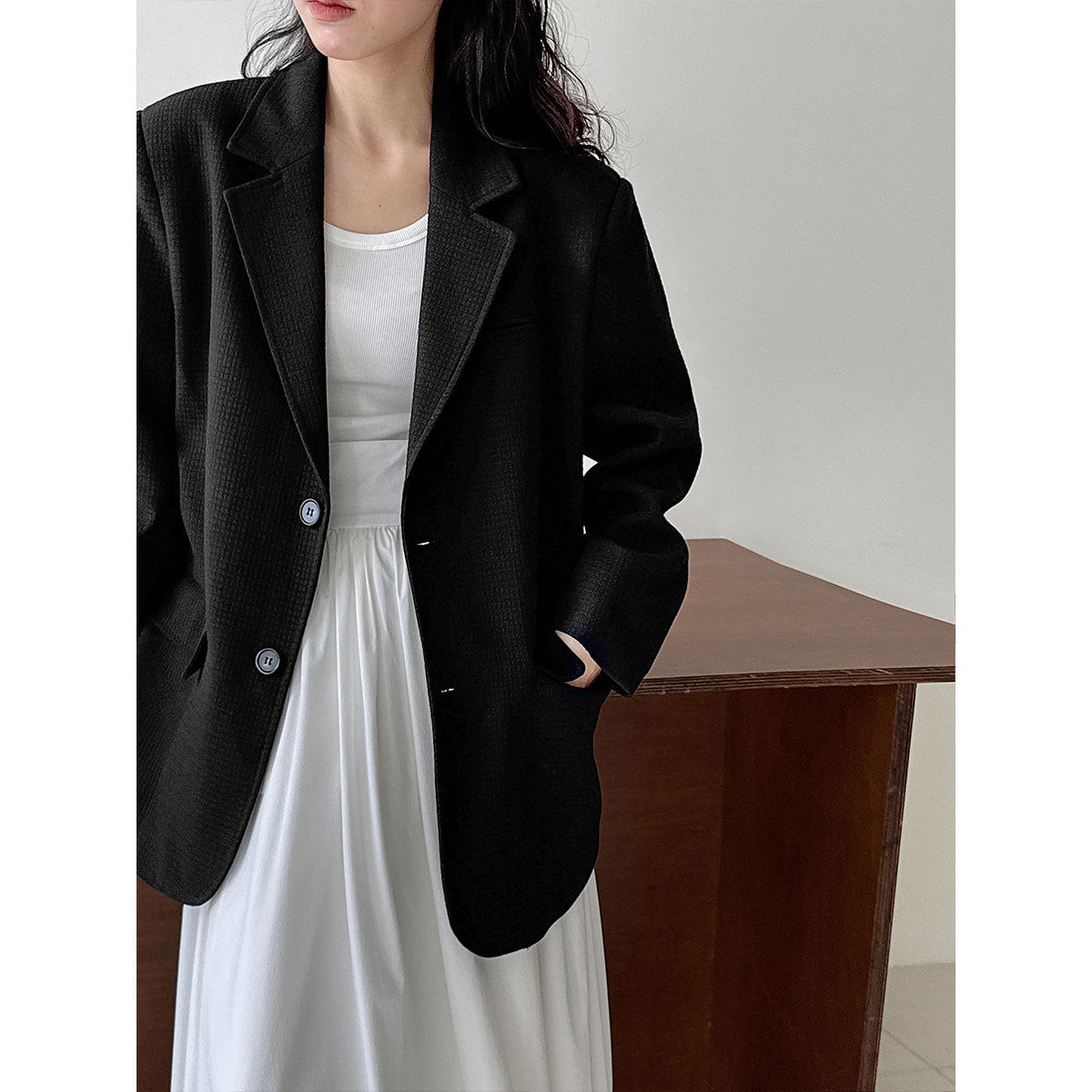 Silhouette casual commuter textured waffle suit women's autumn vintage baggy jacket