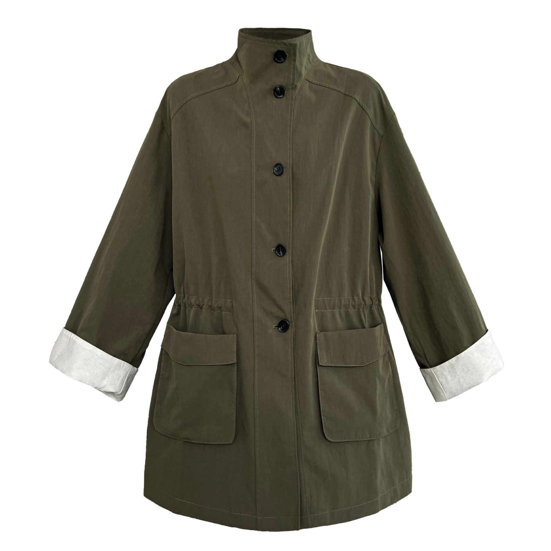 Korean medium and long stand-up collar loose drawstring trench coat women's autumn new big pocket design coat
