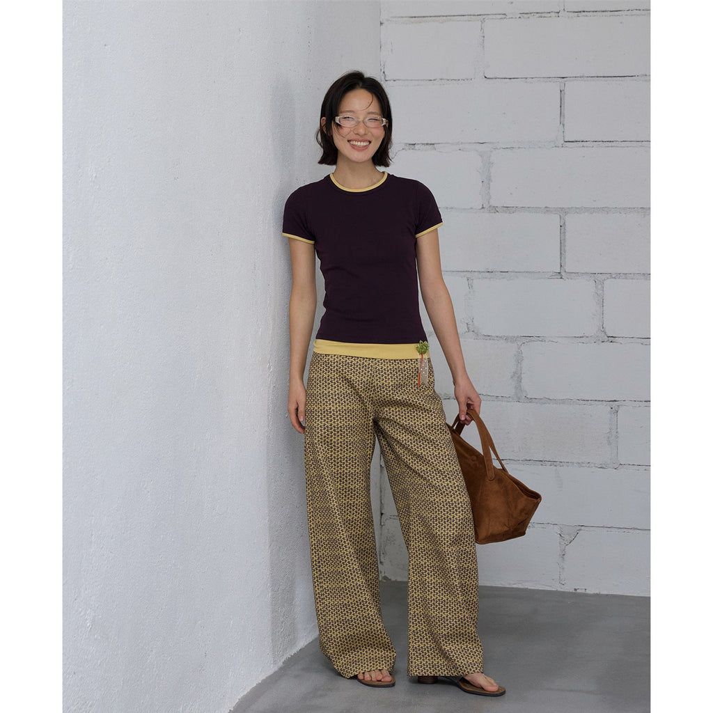 Twill print wide-leg slacks