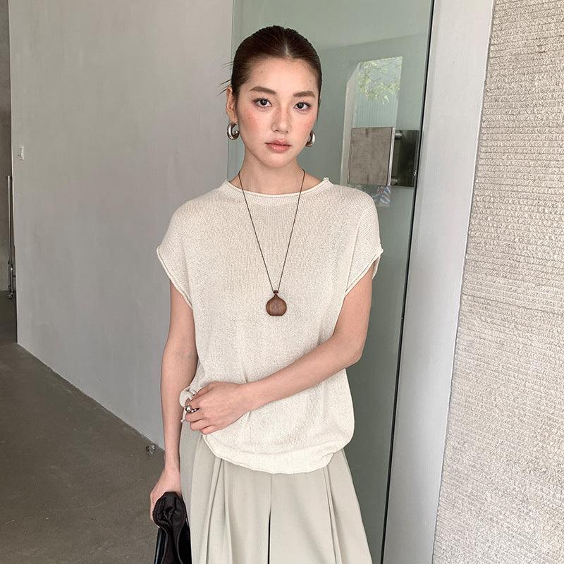 Spring small flying sleeves texture imported and gauze crew neck knit top