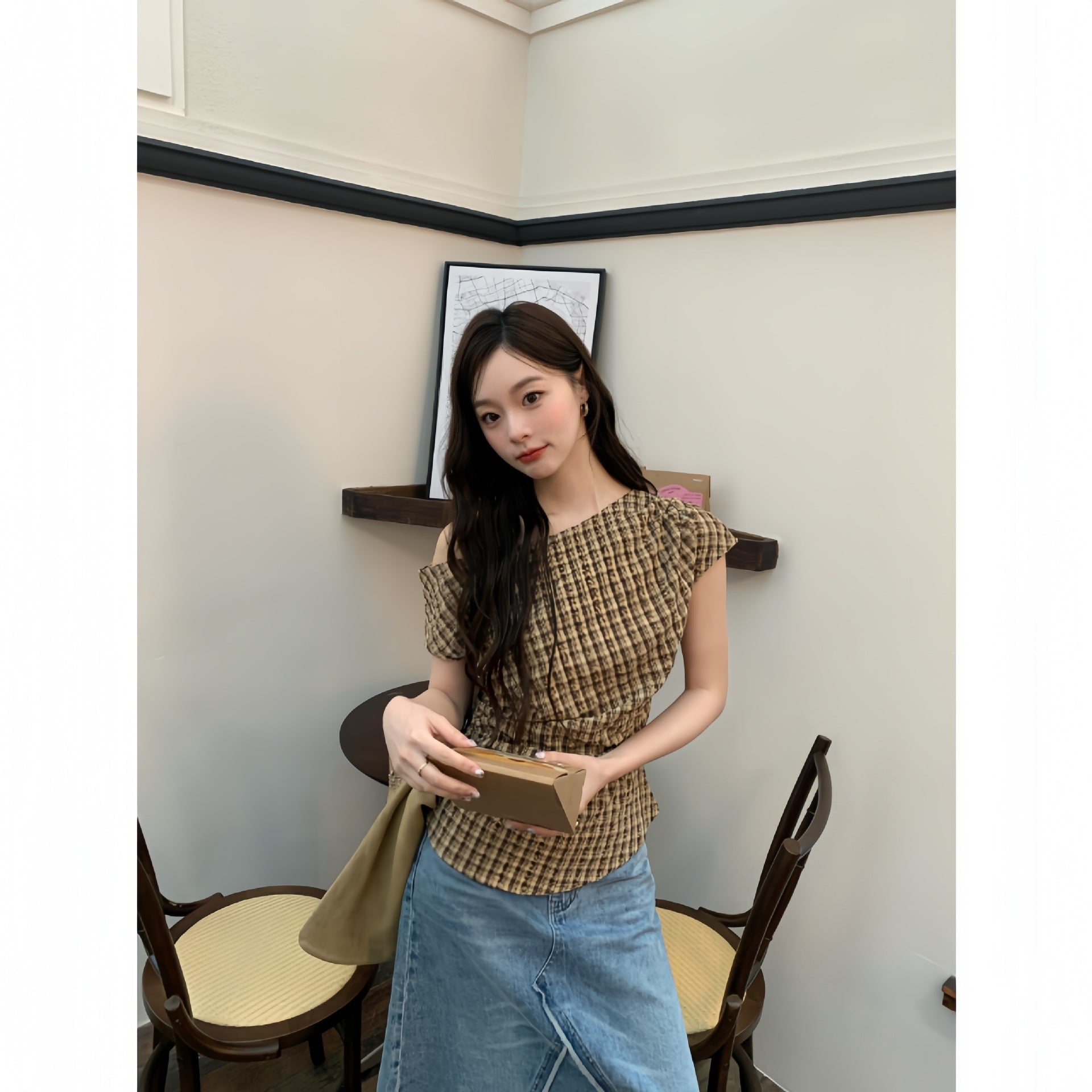 French design temperament slim-fit plaid slanted shoulder top