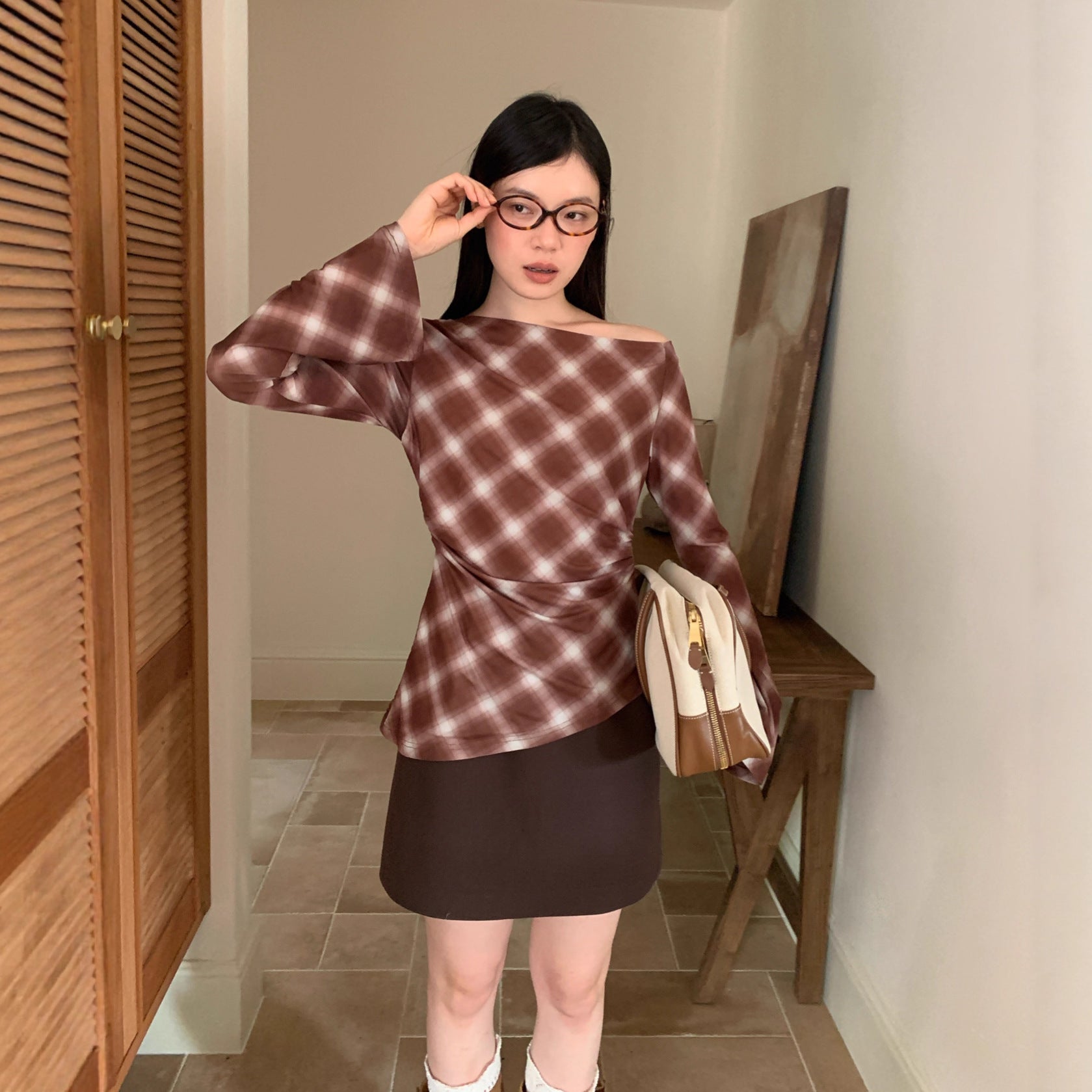Autumn French Retro Plaid Irregular Slant Neck Off-Shoulder Long Sleeve Bottom Shirt