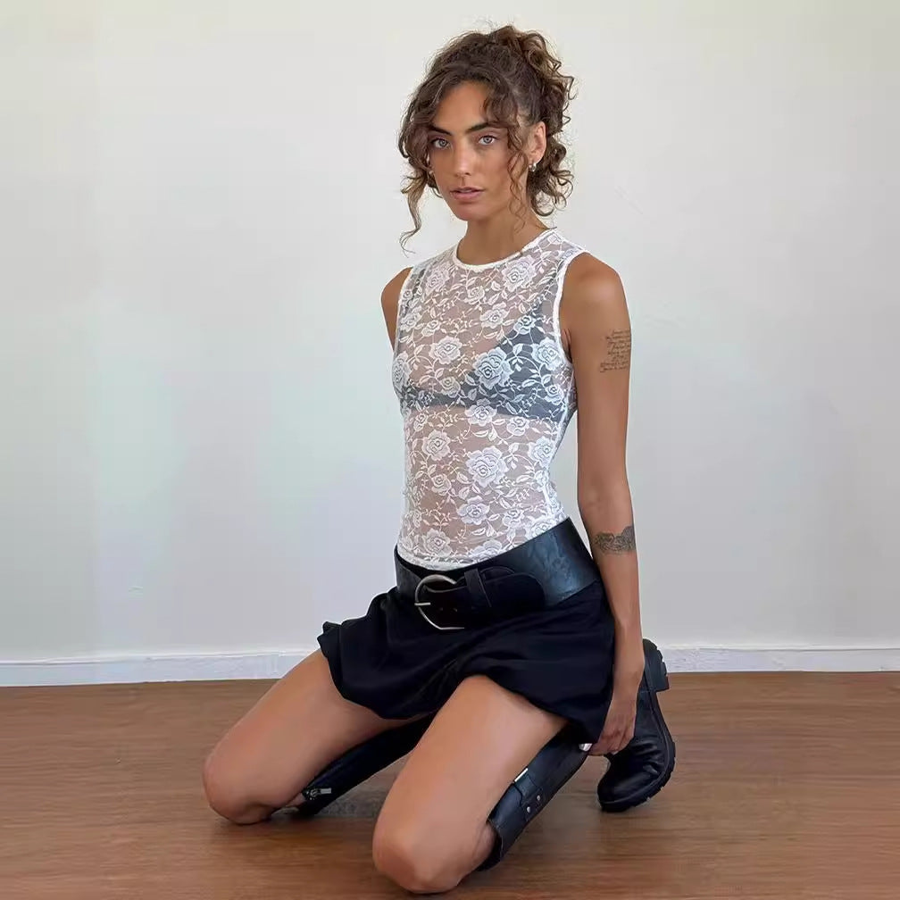 Skinny High Elastic Size Rose Perspective Lace Top Crew Neck Sexy Vest Breathable Blouse Pure Desire