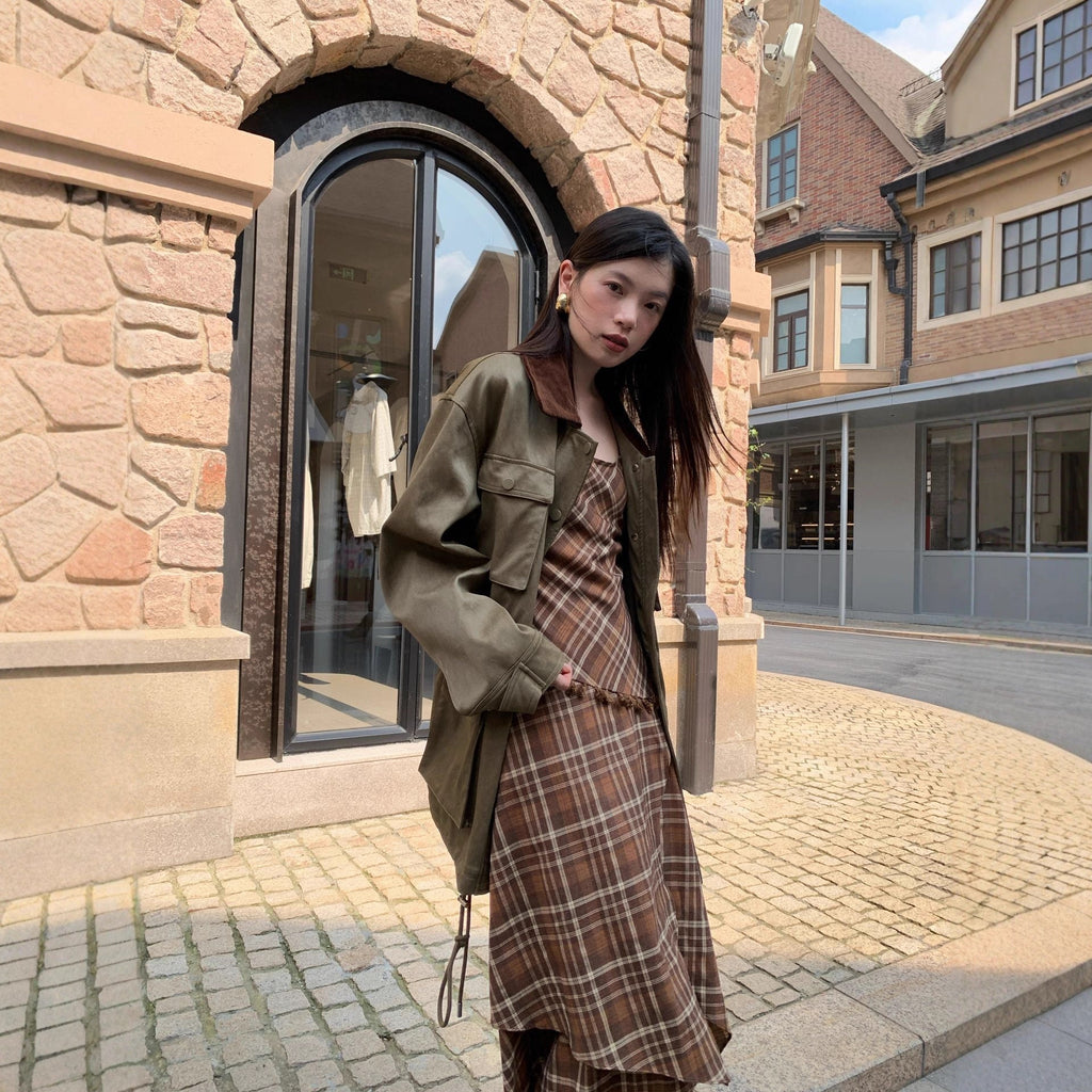 Women's Multi-Pocket PU Leather Lapel Long Sleeve Workwear Jacket