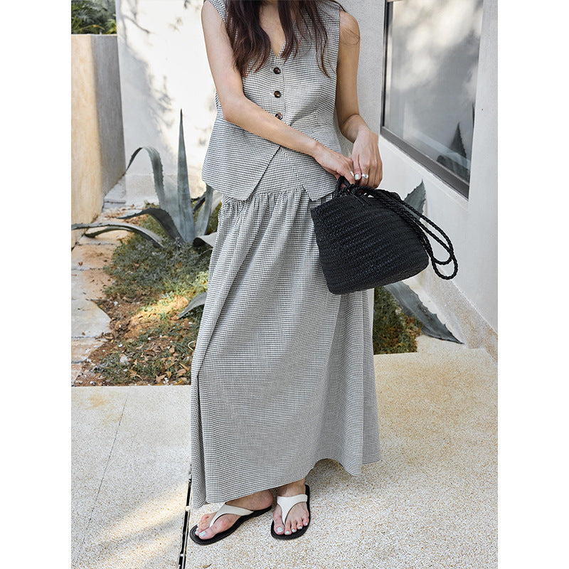 Tencel linen plaid pendulum covering meat and showing thin skirt