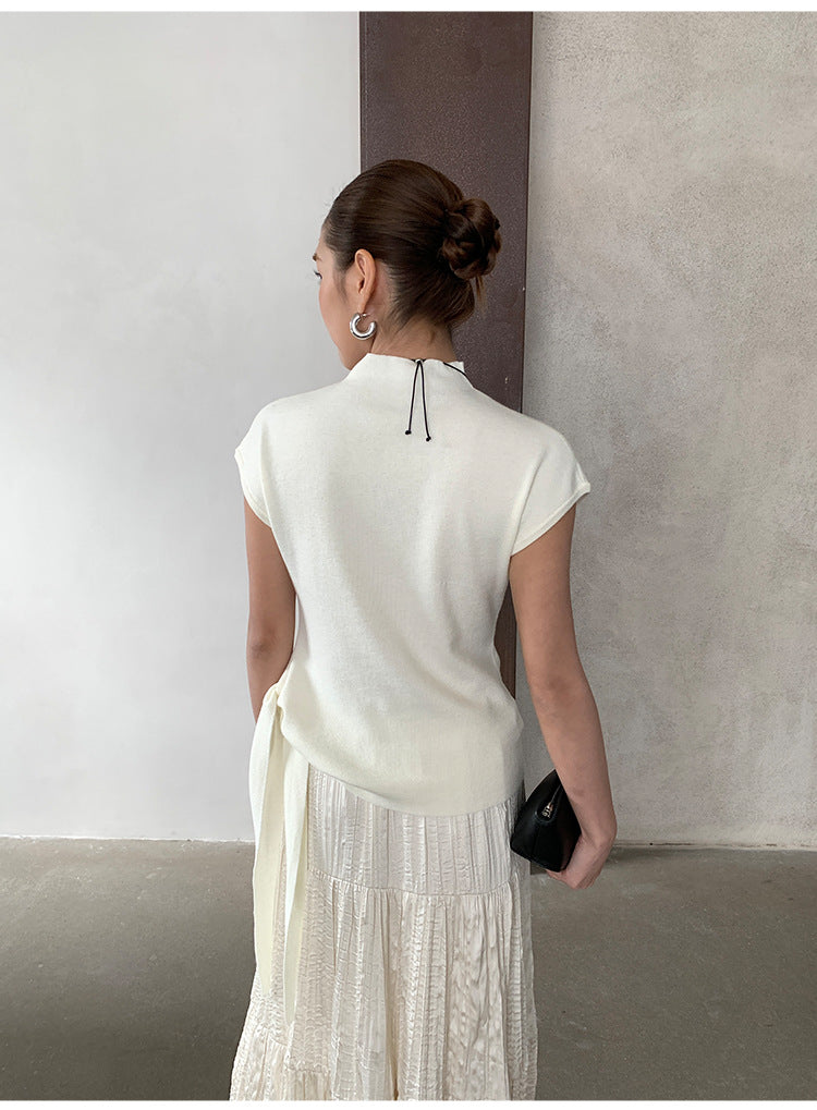 Spring minimalist style tie-up tie stand-up collar solid color knitted short-sleeved T-shirt 59027