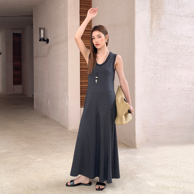French minimalist U-neck vest dress spring and summer waist thin elastic knitted dress