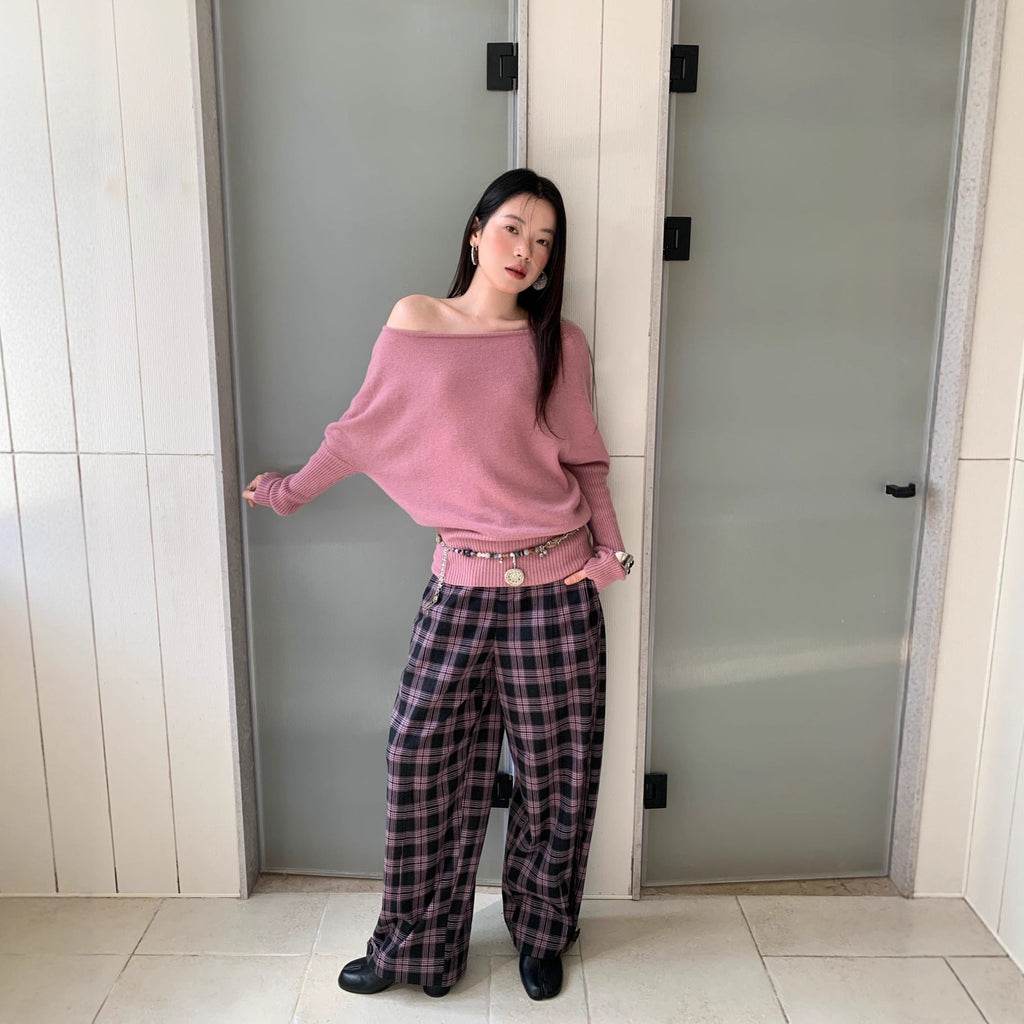Vintage contrasting plaid leggings loose wide-leg pants