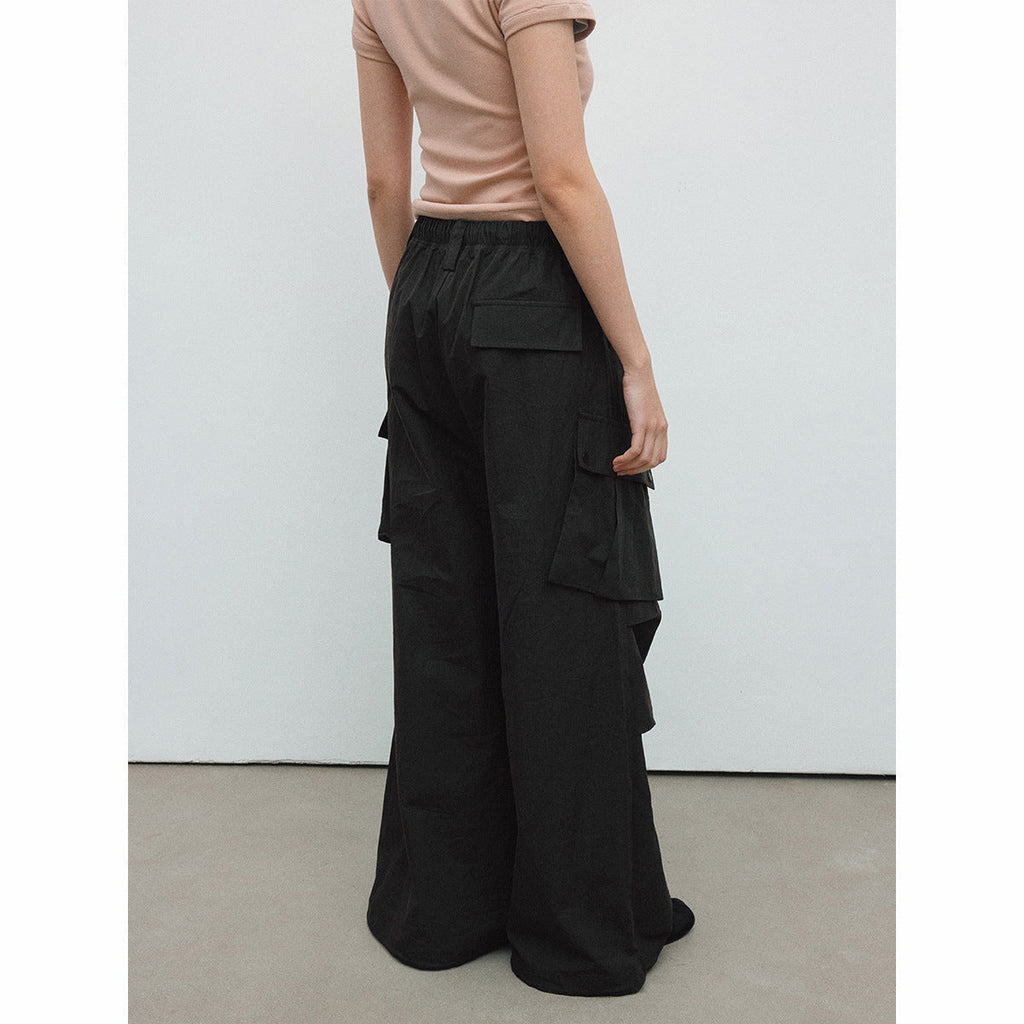 Spring new casual high-waisted lace-up solid color outdoor cotton brocade large paper bag paratrooper trousers
