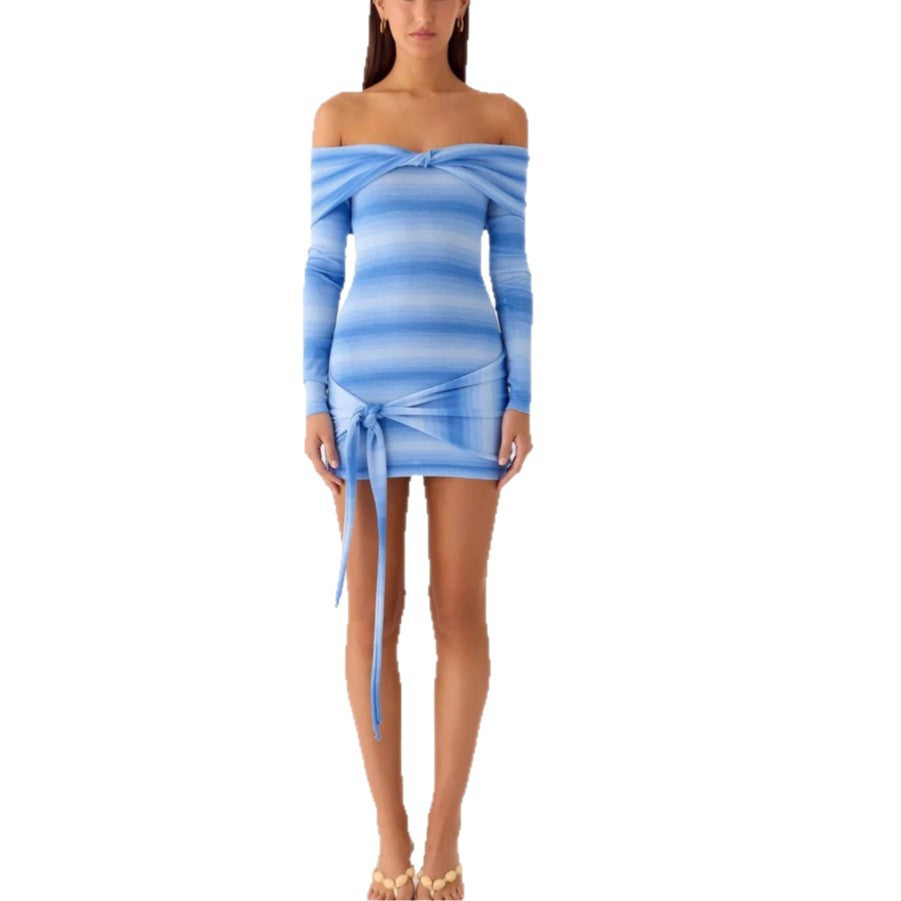 Autumn and winter striped long-sleeved knitted hip-wrapped short skirt slim-fitting sexy one-word shoulder dress