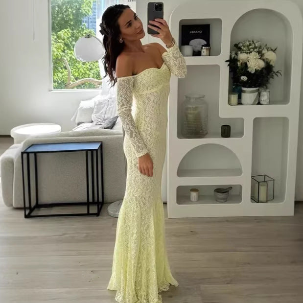 New Fashion Spice Girl Sexy Lace Fishtail Dress Slim European and American Shoulder Dress
