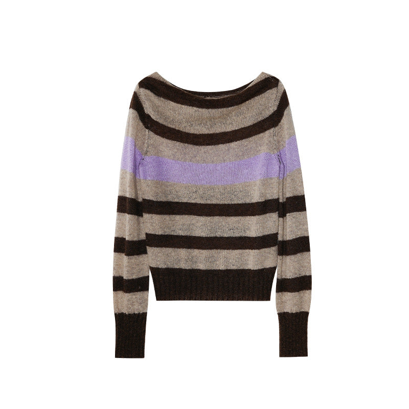 Retro striped color matching swing neck atmosphere soft waxy skin-friendly sweater