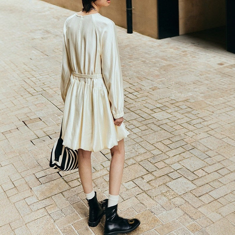 Spring new French drape temperament ragged lantern sleeves belt form puff dress dress