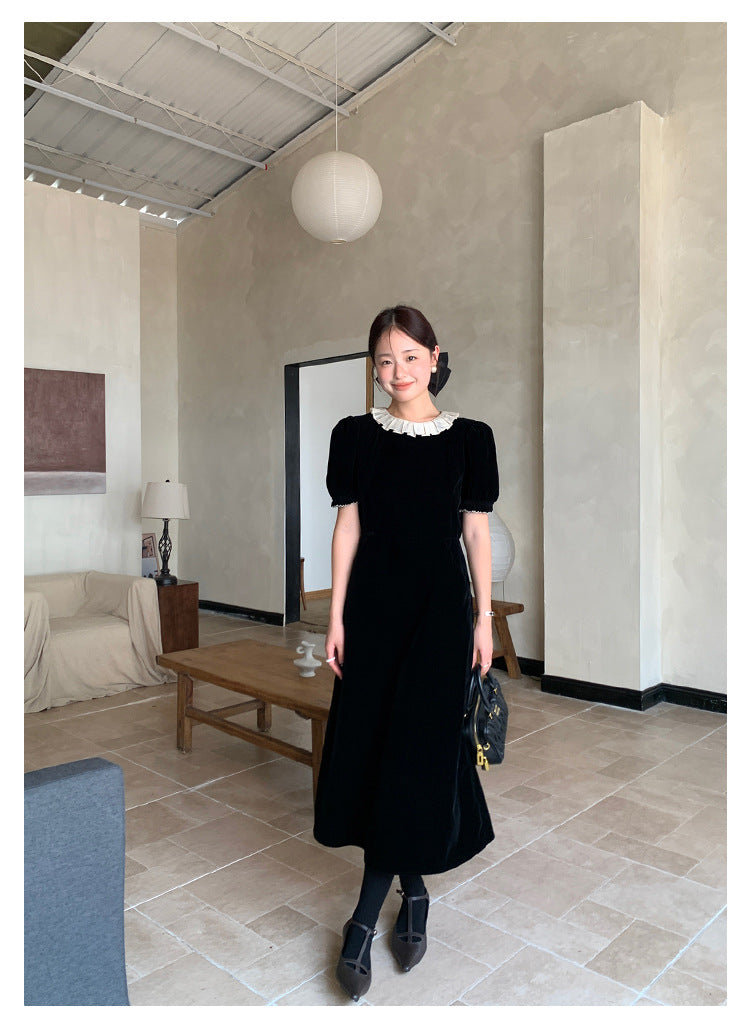 French lace collar shows thin temperament bubble sleeve dress