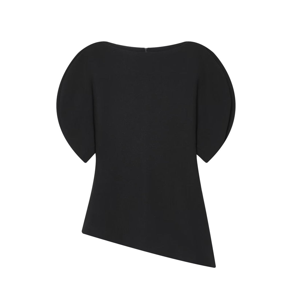 Puff Sleeve Top Women Round Neck Asymmetrical Slim Fit T-Shirt