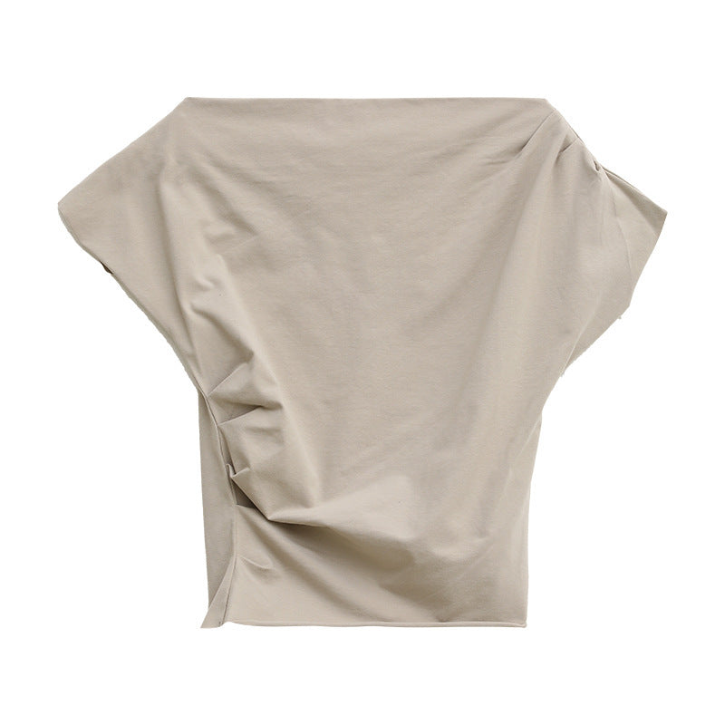 Slant shoulder three-dimensional pull-out pleated slim-fit design short-sleeved T-shirt women