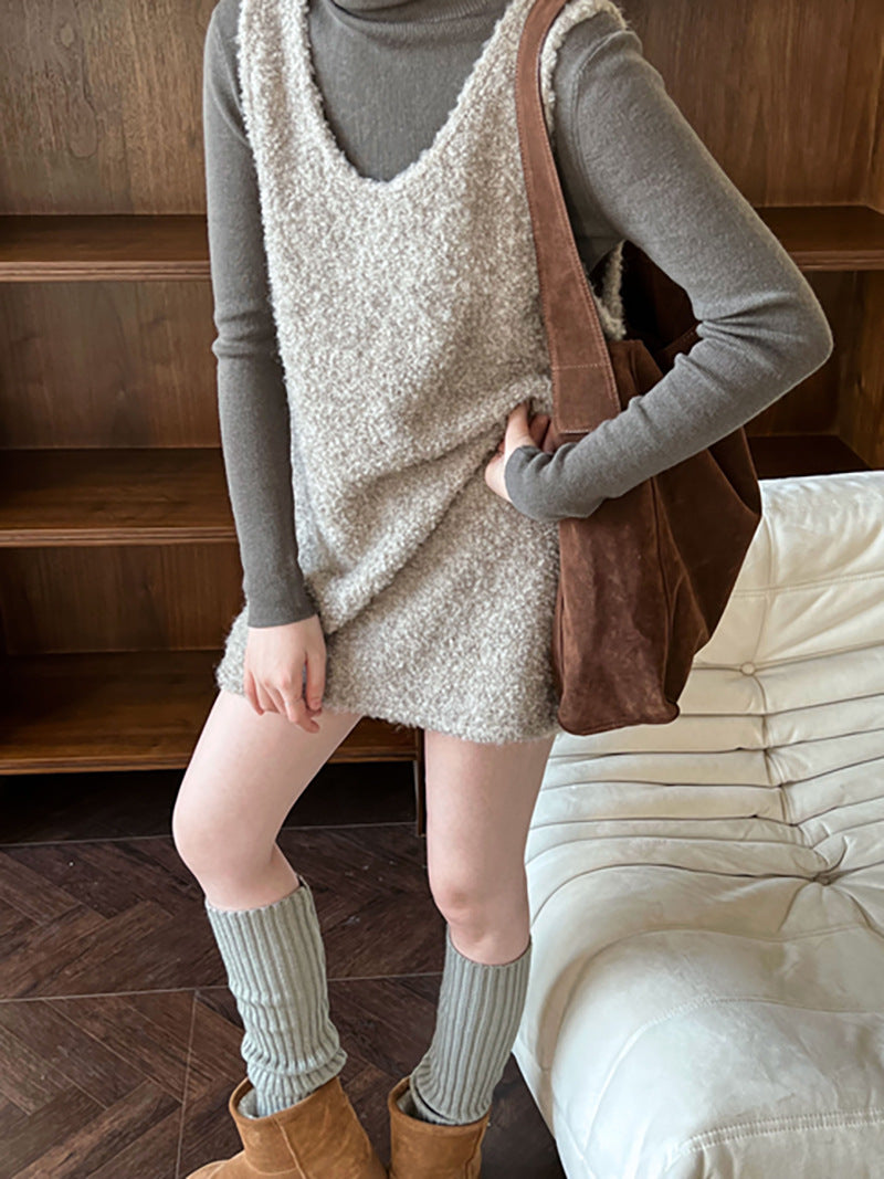 Korean atmosphere U-neck loose and thin stacked wool loop wool knitted vest dress