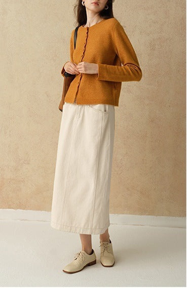 Loose round neck hoodless sweater women's classic white straight split denim skirt casual retro slim suit autumn