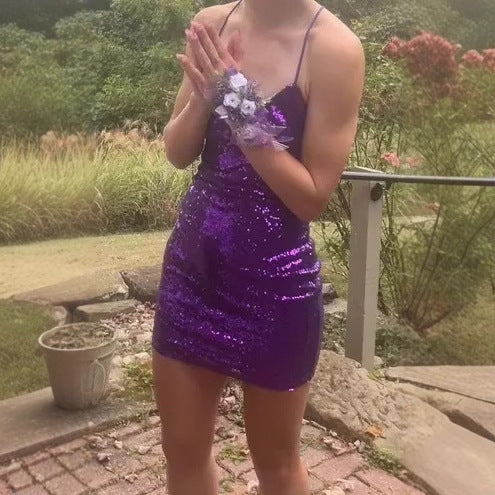 Sequin dress backless slim fashion sexy hottie hip sling short skirt tight