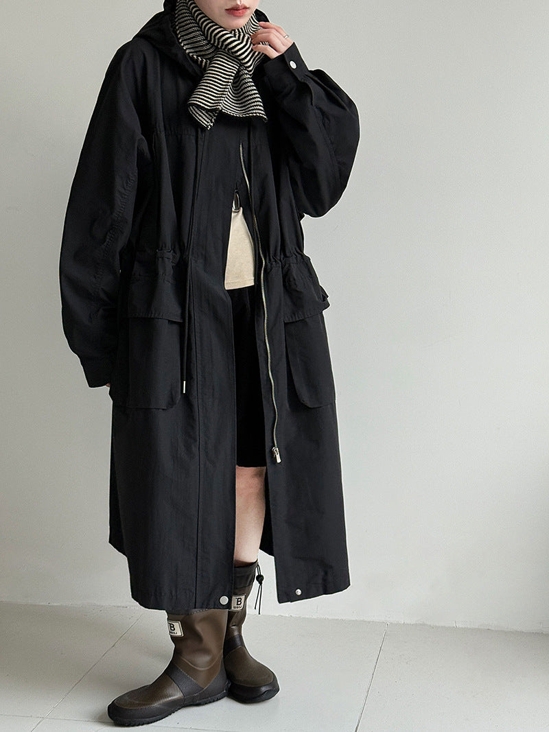 Premium British style hooded trench coat autumn design waist thin long coat
