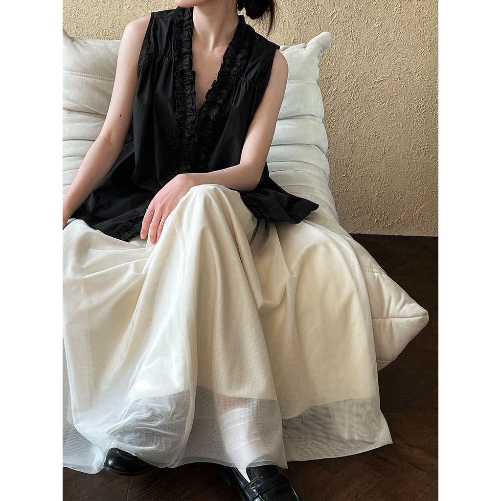 French niche design fungus edge sleeveless shirt women's new petal collar sleeveless two-piece shirt