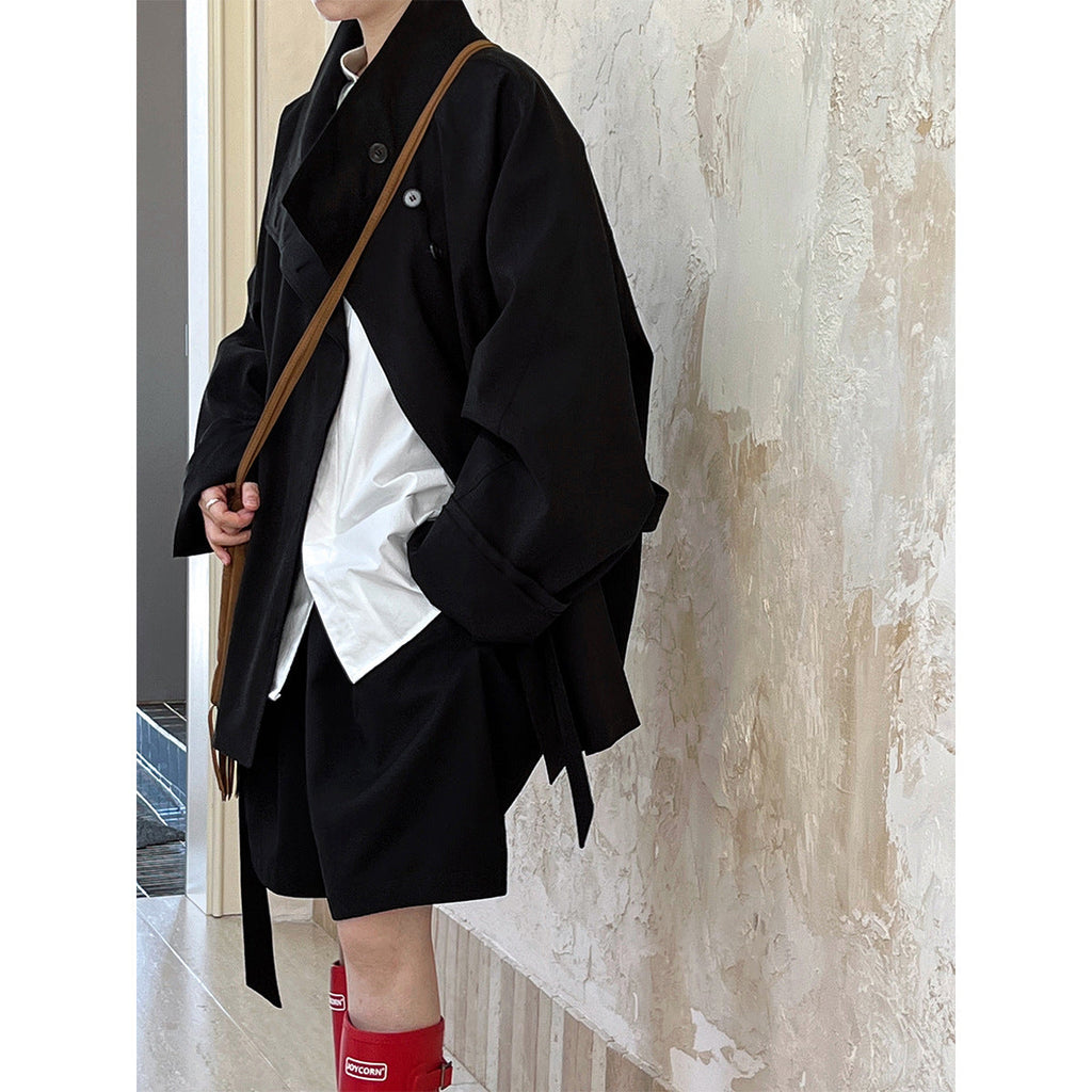 Autumn solid color stand-up collar short trench coat