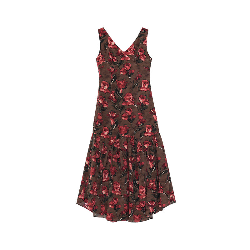 Rose print v-neck sleeveless tank top dress