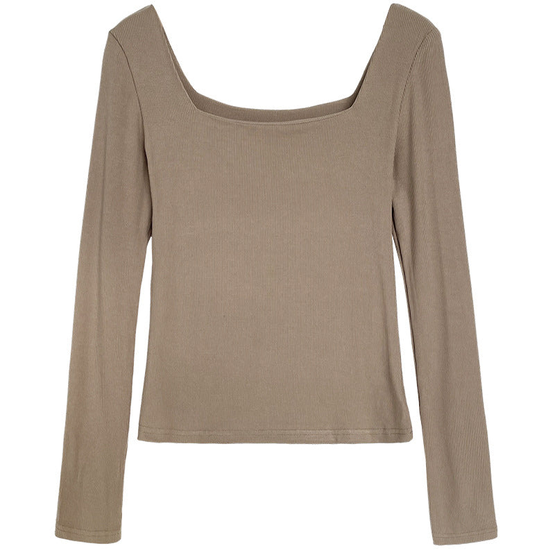 Design Sense Long Sleeve Square Neck T-Shirt Women's Slim Skinny Showing Clavicle Low Neck Short Top Bottom Shirt