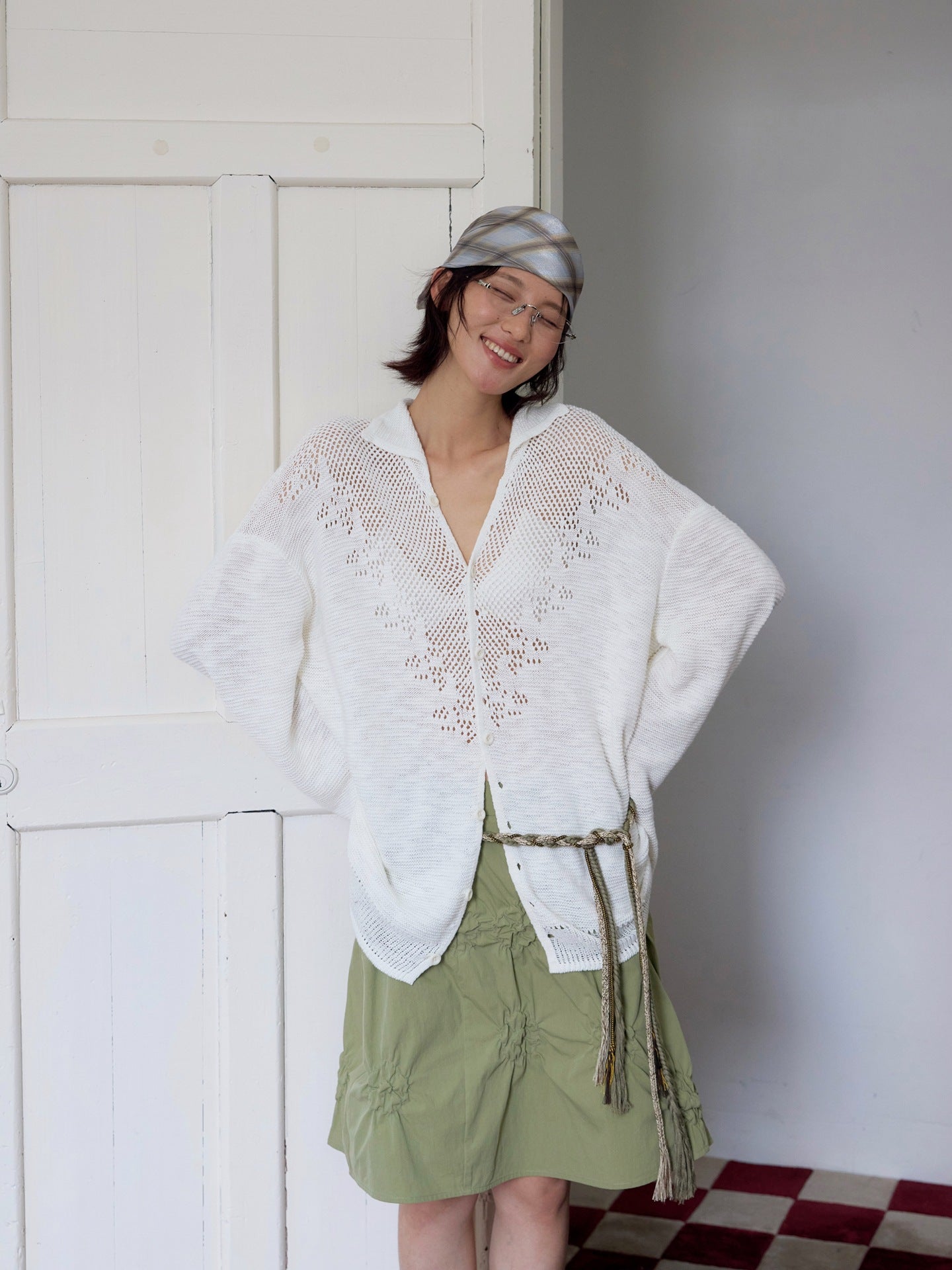 Hollow POLO neck sunscreen cardigan knitted sweater loose outer long-sleeved top