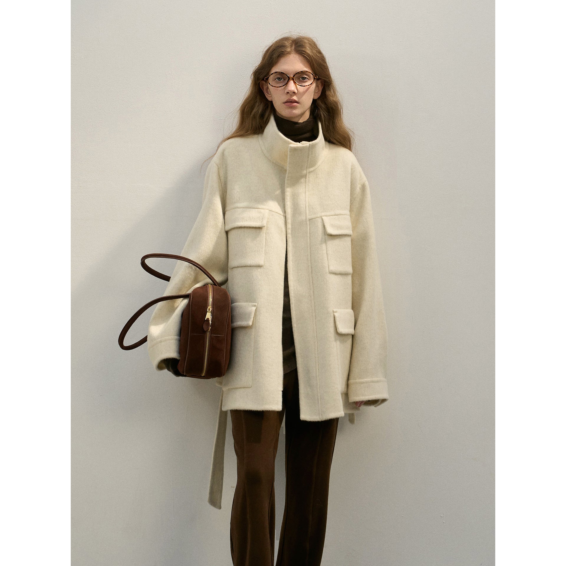 New design full wool double patch bag adjustable belt woolen jacket