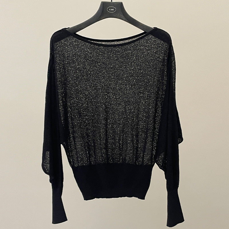 Spring and summer skin care thin one-word neck loose long-sleeved knitted blouse