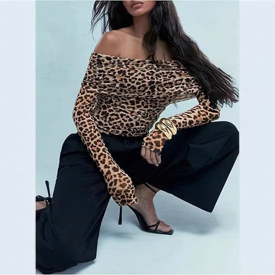 Asymmetrical Neck Long Sleeve Top Women Slim Fit Leopard Print Blouse