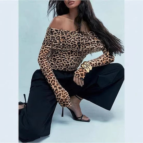 Asymmetrical Neck Long Sleeve Top Women Slim Fit Leopard Print Blouse