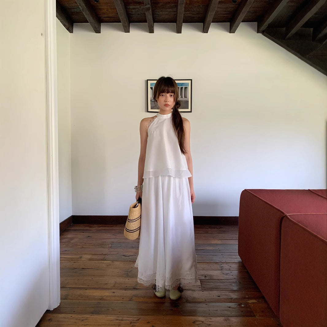 Pure white stand-up neck sleeveless neck lace chiffon shirt